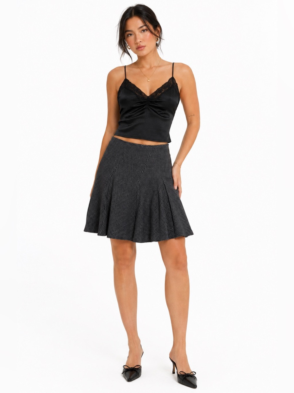 Y2K Vintage Alfani Mini Check Flowy Tailored Knee Skirt (Black/Charcoal Grey) 6